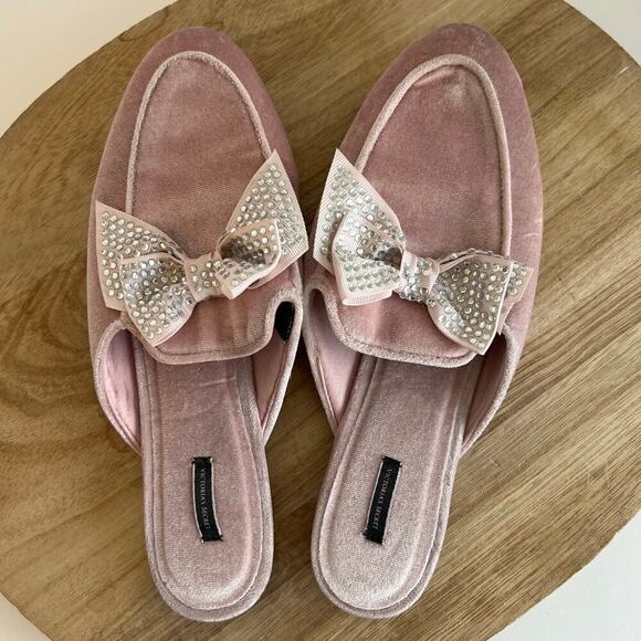 VS Y2K Pink Velour Velvet Bow Sequin Embellished Almond Toe Mules - 7 - Picture 8 of 10